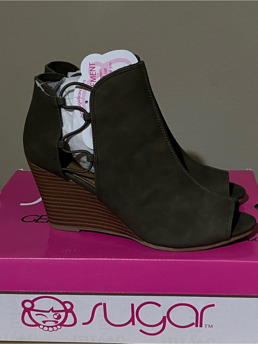 Sugar Olive Open-Toe Lace-Side Wedge Booties